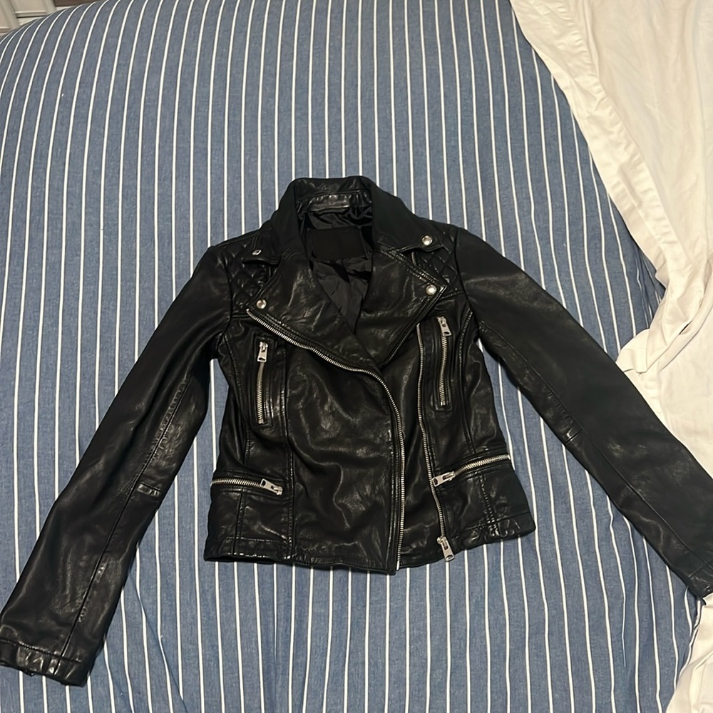 NWOT All Saints Cargo Distressed Leather Biker Jacket size 0